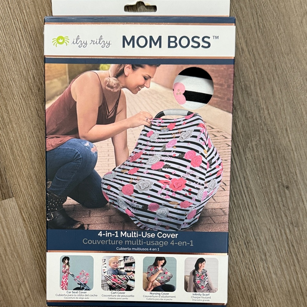 Itzy Ritzy Mom Boss Cover with Pink and Black Flowers and Stripes